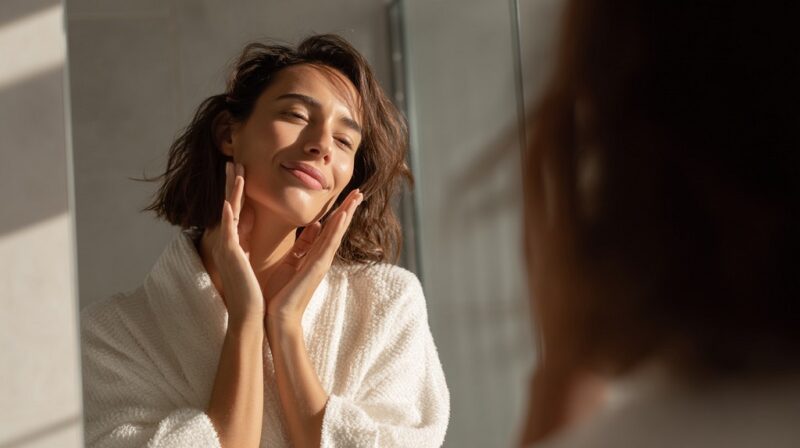 Woman practicing face massage in mirror as part of her anti-aging skincare routine